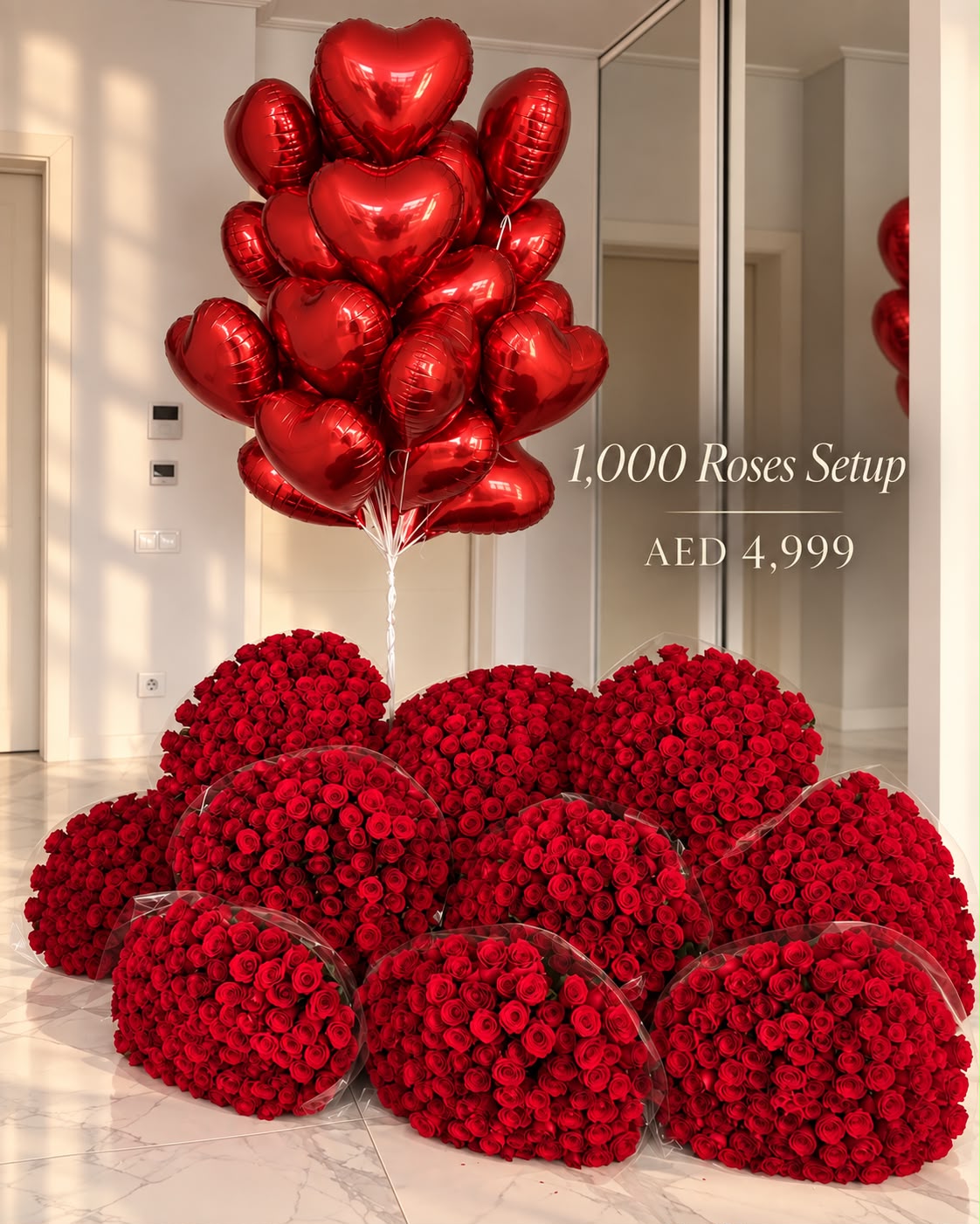 The Ultimate Mega Combo – 1,000 Red Roses &amp; Heart Balloons